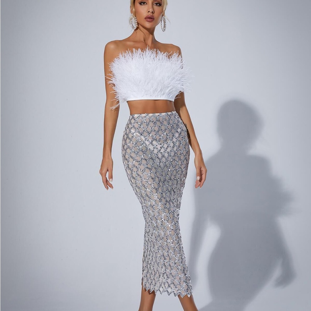 Mew Mews Ansley Strapless Feather Mesh Skirt Set - Size L